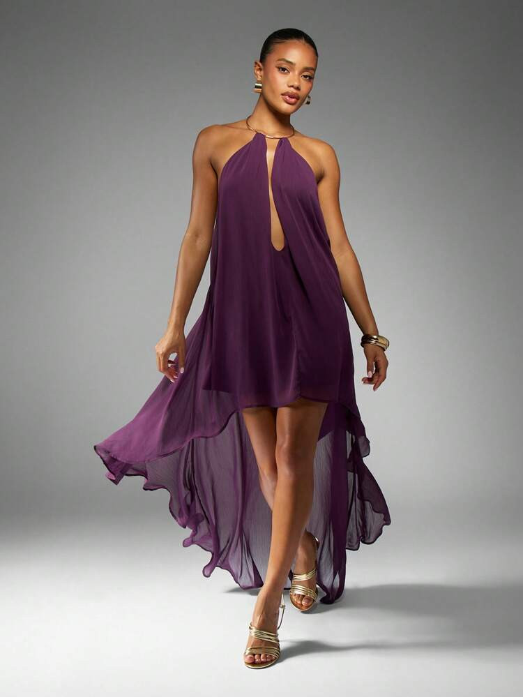 MISSGUIDED High Low Chiffon Evening Maxi Dress Draped Halter Neck Formal Wedding Guest Summer Special Occasion Flowing Party Prom Gown | SHEIN