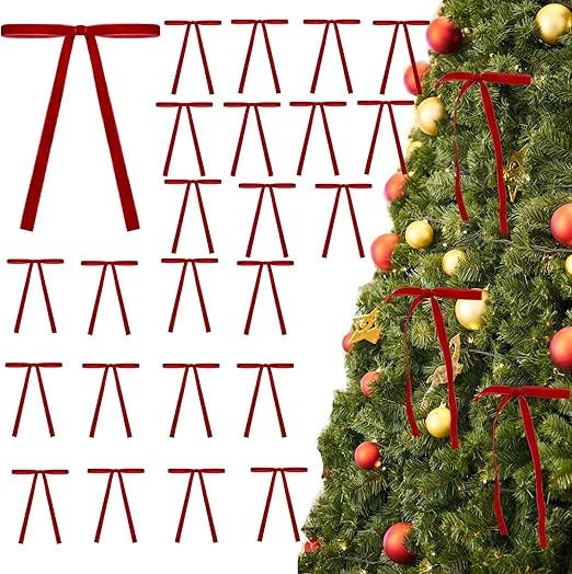 24 Pcs Velvet Ribbon Bows for Christmas Tree Rustic Crafts Gift Bows Classic Ribbon Bows for Xmas... | Amazon (US)