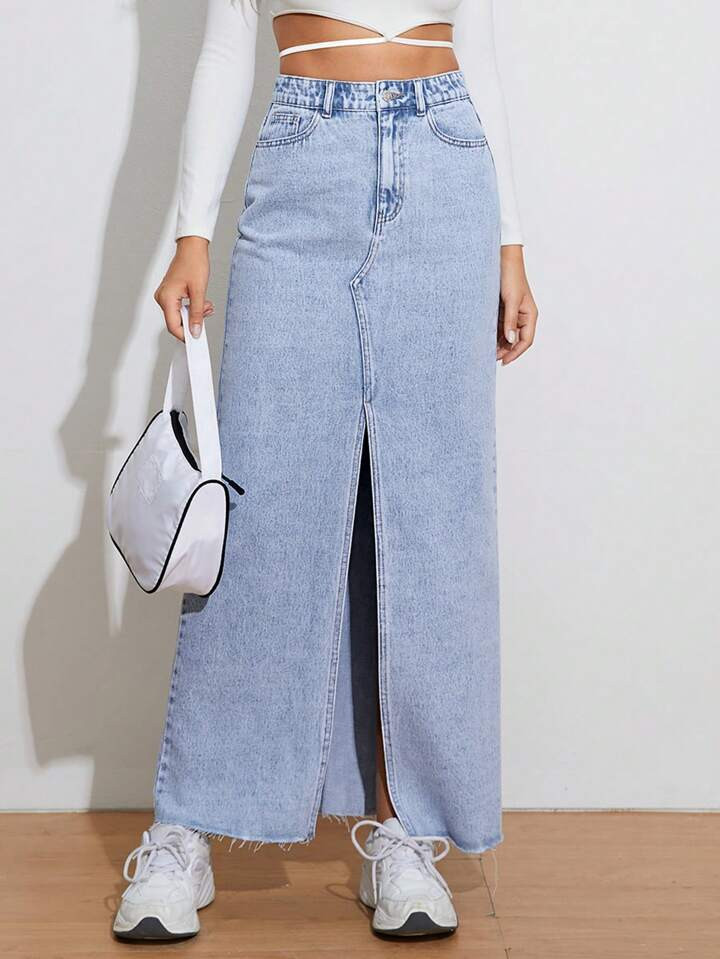 SHEIN Essnce High Waist Split Thigh Denim Skirt | SHEIN