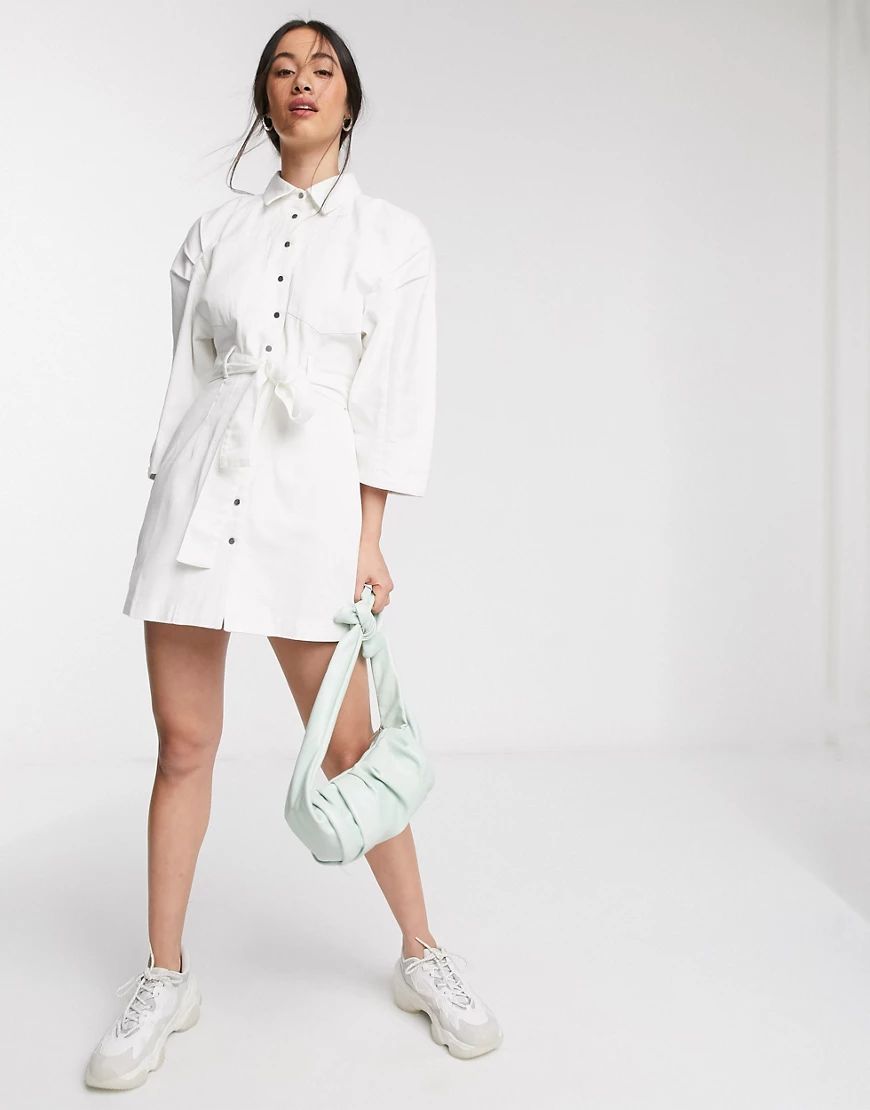ASOS DESIGN soft denim mini shirt dress in white | ASOS (Global)
