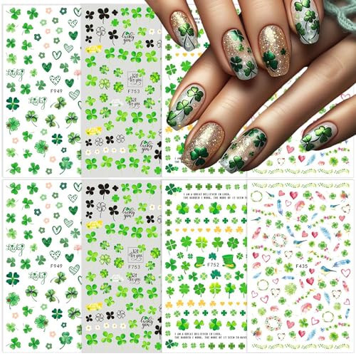 8 Sheets St. Patrick's Day Nail Art Stickers Shamrock Nail Decals 3D Self- Adhesive Green Clover Irish Nail Art Design Stickers St Patricks Day Nail Stickers for Nail DIY Decoration Nail Accessories | Amazon (US)