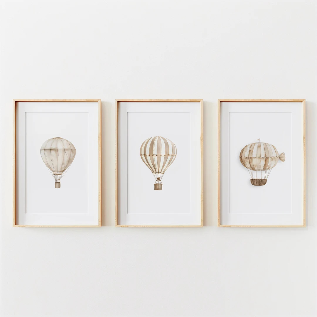 Set of 3 Neutral Hot Air Balloon Nursery Prints | Vintage Nursery Decor | Printable Travel Wall A... | Etsy (US)