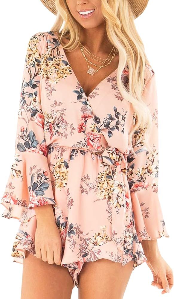 AIMCOO Women's Summer Floral Print Romper Deep V Neck Long Bell Sleeves Elastic Tie Waist Jumpsuits | Amazon (US)