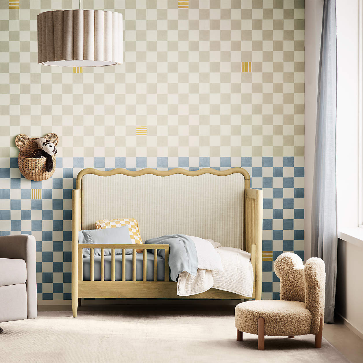 Waveland Wood and Upholstered Performance Stripe Convertible Crib | Crate & Kids | Crate & Barrel