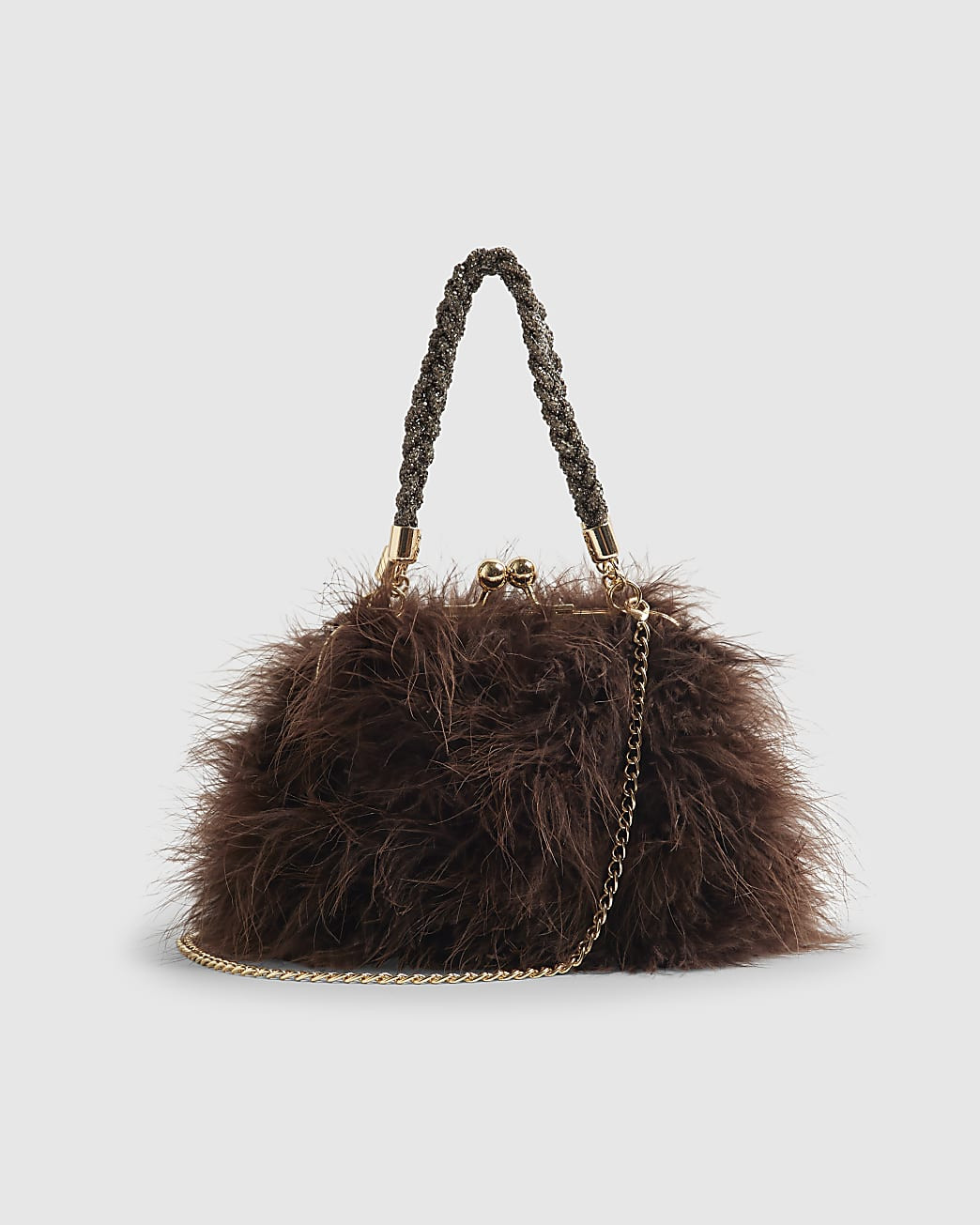 Brown Diamante Handle Feather Clutch Bag | River Island UK & IE