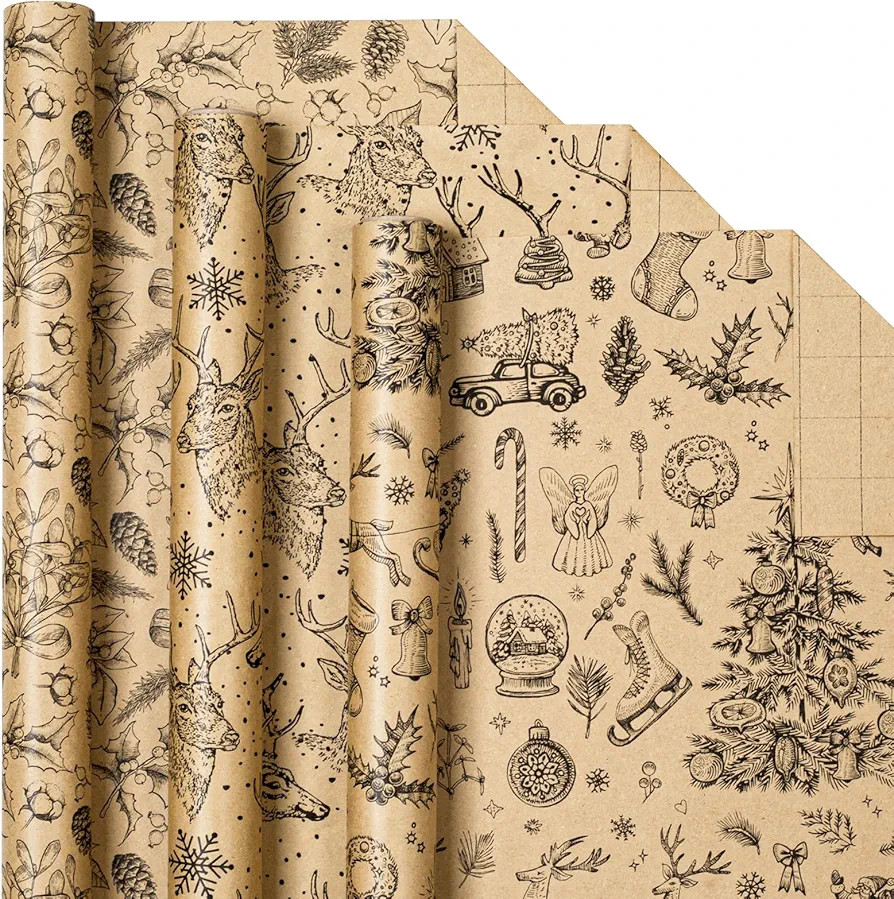 Afucus Kraft Christmas Wrapping Paper, Reindeer, Snowflakes, Bells, Pine Cones, Brown Themed Gift... | Amazon (US)
