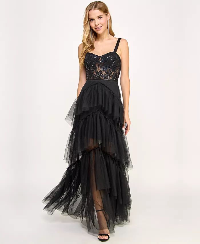 Juniors' Ruffle-Tiered Sequin-Lace Gown, Created for Macy's | Macy's