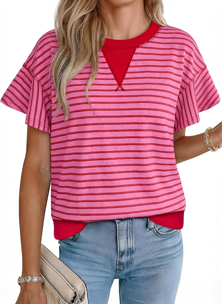 Acelitt Women\u2019s Short Sleeve Knit Tops 2026 Trendy Crewneck Striped T Shirts Casual Summer B... | Amazon (US)