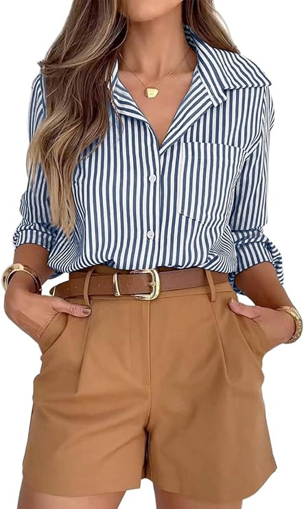 siliteelon Striped Button Down Shirts for Women Dress Shirts Long Sleeve Casual Collared Office W... | Amazon (US)