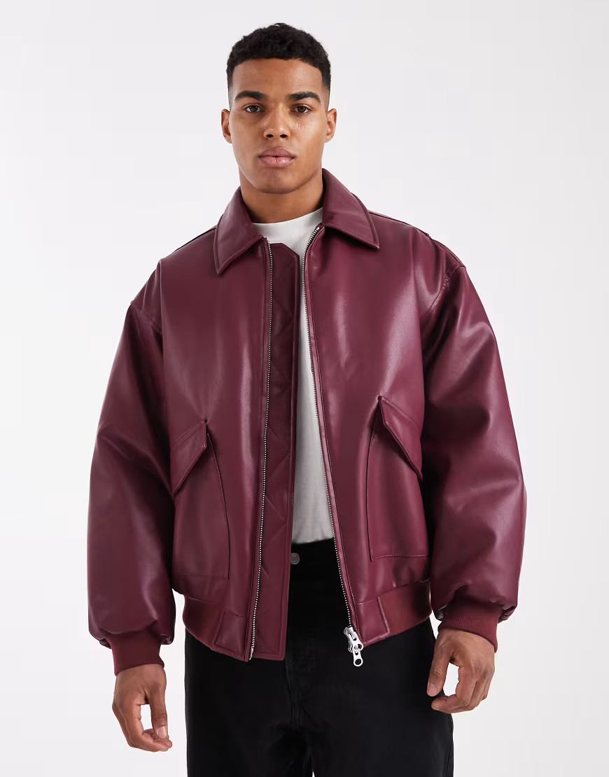 ASOS DESIGN oversized bomber jacket in burgundy-Black | ASOS (Global)