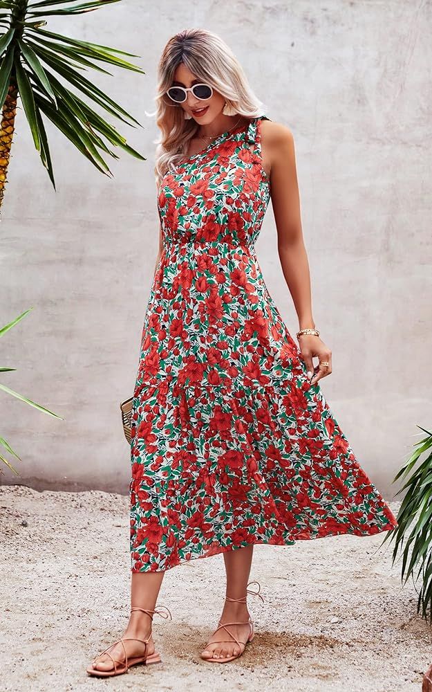 Amazon.com: ECOWISH Womens Boho Dress One Shoulder Floral Maxi Dress Elegant Cocktail Party Dress Re | Amazon (US)