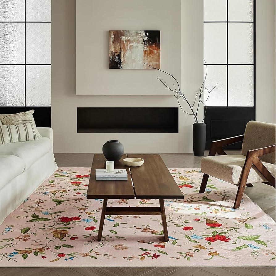 Area Rug Pink 6x9 Boho Floral Washable Area Rug Large Non Slip Carpet Fade Resistant Stain Resist... | Amazon (US)
