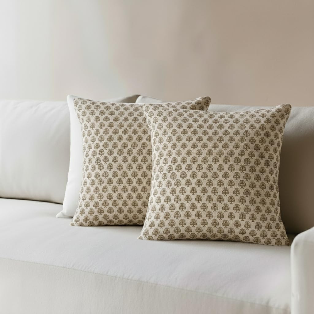 Decorative Throw Pillow Covers 18x18 Set of 2, Handcrafted Block Print Cotton Linen Boho Farmhouse Accent Cases for Sofa Couch Bed, Beige Studio | Amazon (US)