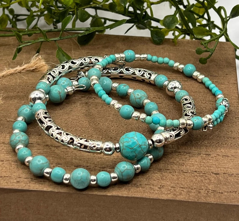 Turquoise and Silver Boho Beaded Set of 3 memory wire cuff bracelets, Turquoise, silver beaded bo... | Etsy (US)
