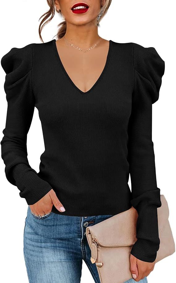 Amarmia Women's Long Puff Sleeve Knit Pullover Sweaters Casual V Neck Ribbed Solid Soft Slim Fit ... | Amazon (US)