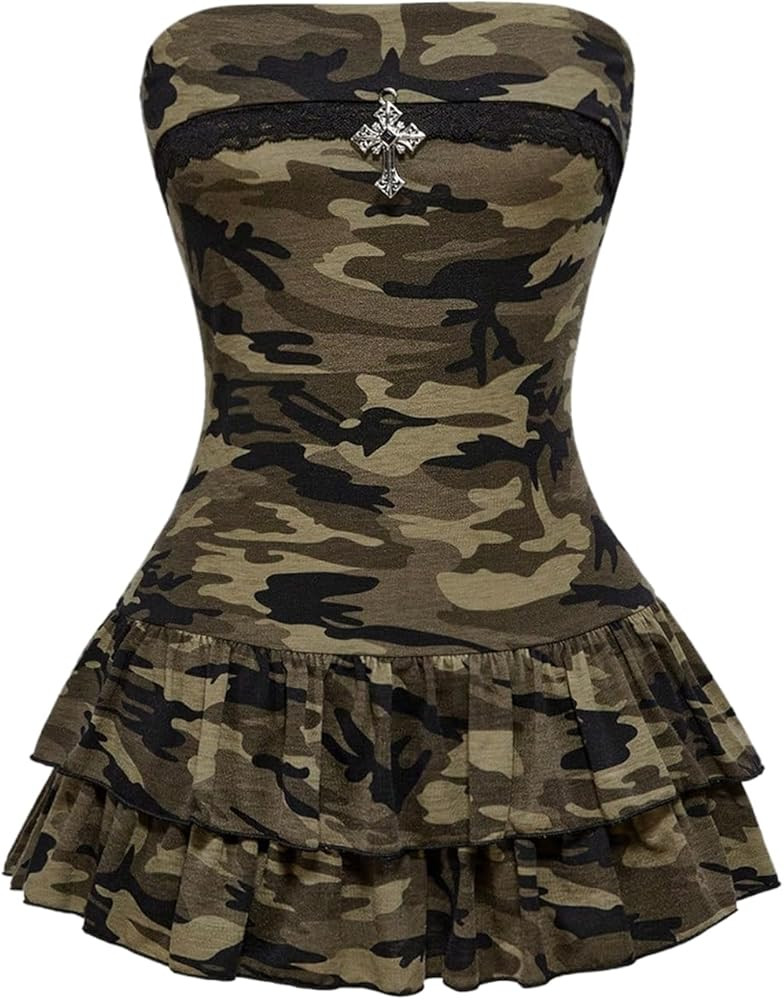 SOLY HUX Women's Y2k Camo Tube Mini Dress Strapless Sleeveless Layered Ruffle A Line Going Out Pa... | Amazon (US)