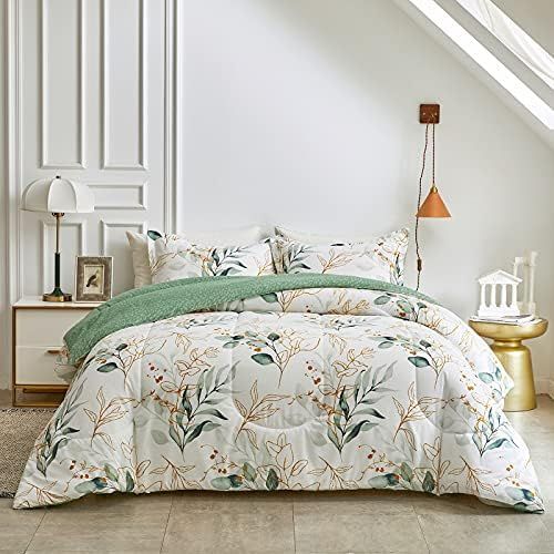 Joyreap 3pcs Botanical Comforter Set Full/Queen, Green n Golden Leaves on White Reversible Design, S | Amazon (US)