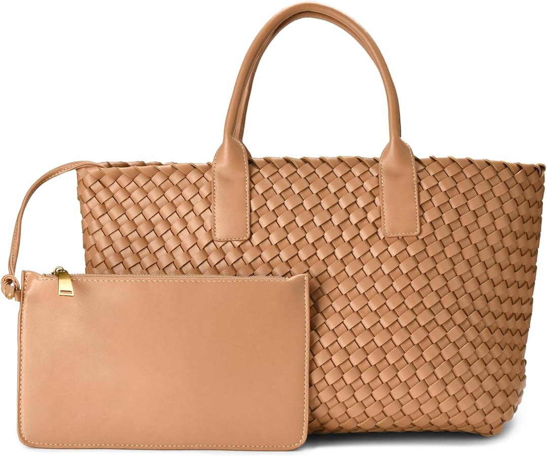 Woven leather tote bag for women, Large woven tote handbag, laptop tote, woven leather beach purs... | Amazon (US)
