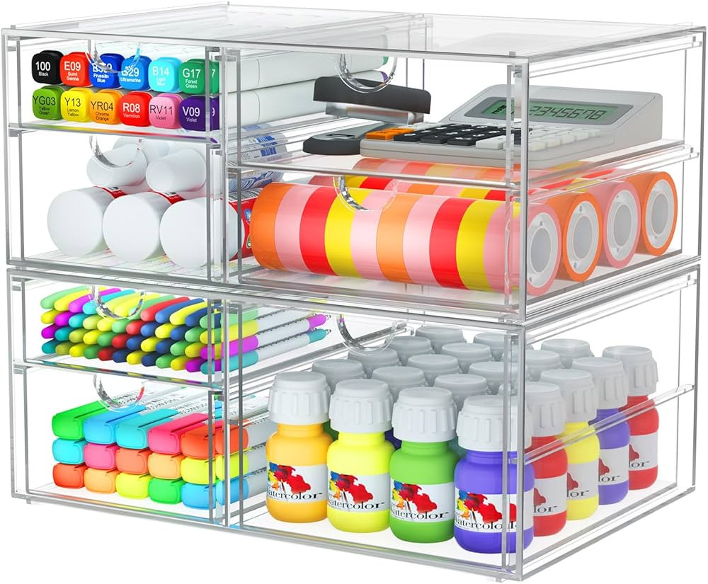 2 Pack Desk Organizers, Makeup Organizer Storage With 7 Drawers, Desktop Office Supplies, Clear D... | Amazon (US)