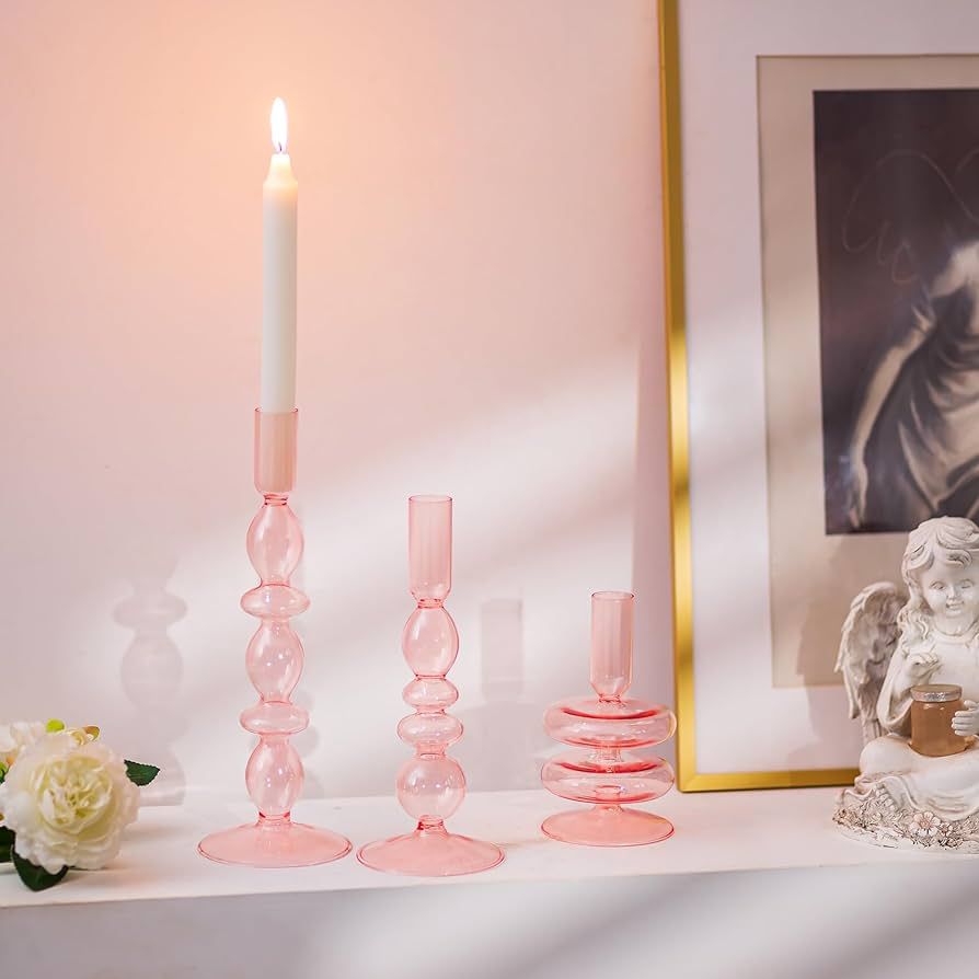 Glasseam Glass Pink Candle Holder: Unique Candle Holders Set of 3, Modern Taper Candles for Candl... | Amazon (US)