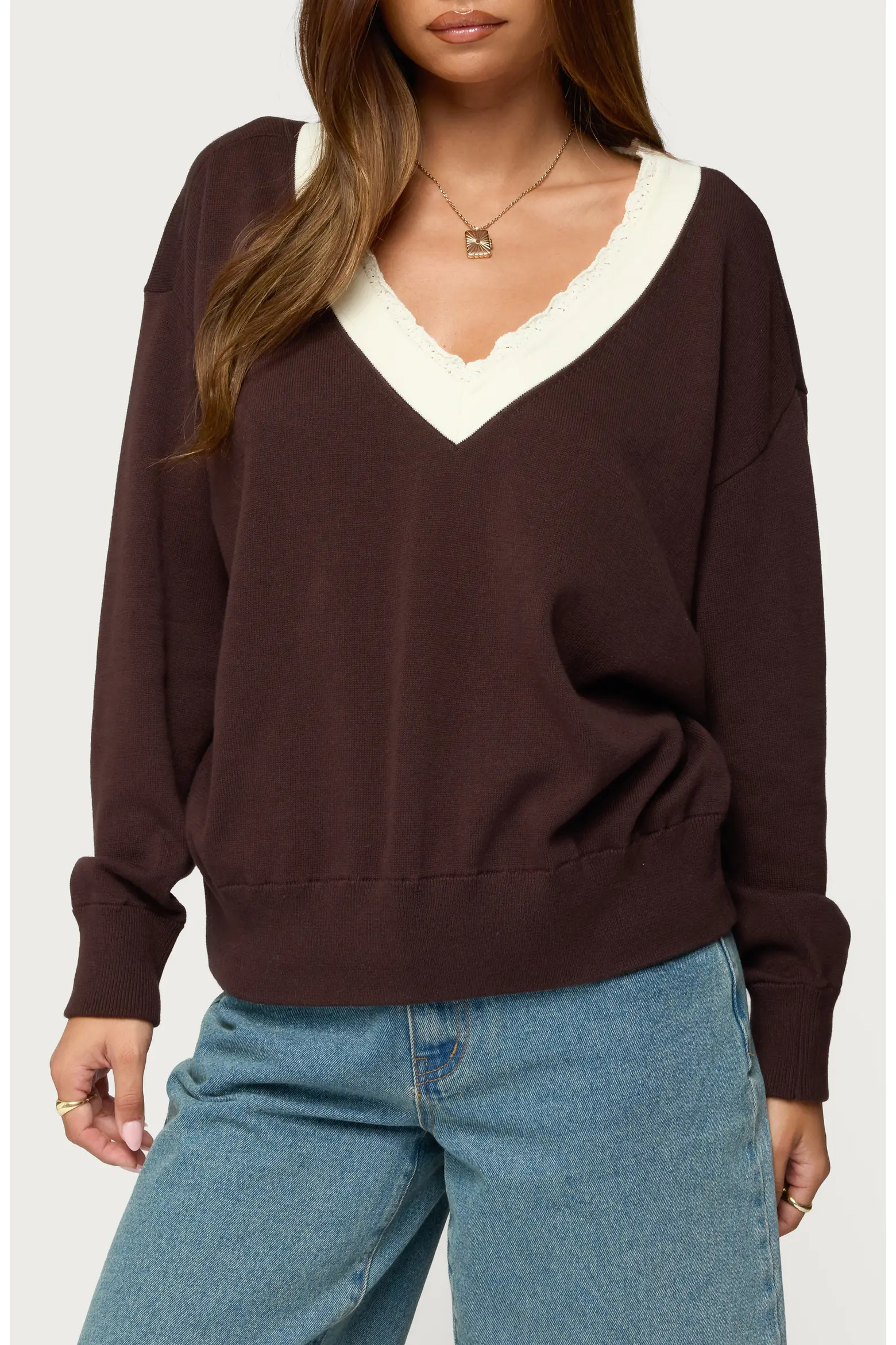 EDIKTED Marie Lace Contrast Cotton V-Neck Sweater (Women) | Nordstrom | Nordstrom