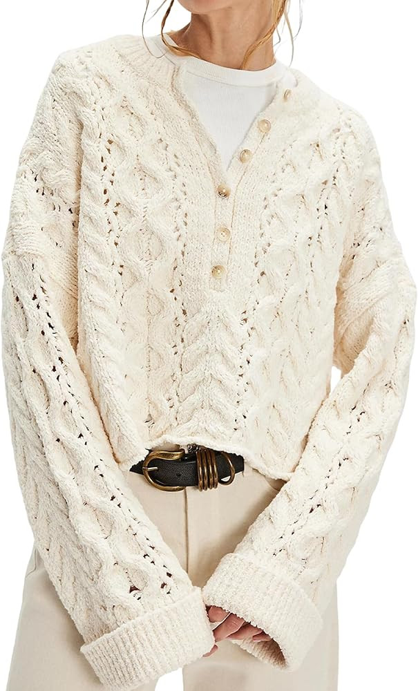 Jenkoon Women's Cable Knit Sweater Oversized Crop Knit Pullover Chunky Crew Neck Long Bell Sleeve... | Amazon (US)