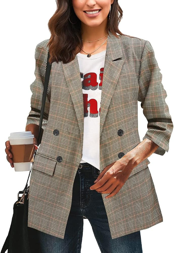 LookbookStore Women's Casual Check Plaid Loose Buttons Work Office Blazer Suit | Amazon (US)