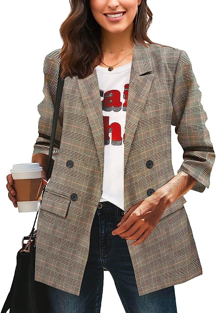 LookbookStore Women's Casual Check Plaid Loose Buttons Work Office Blazer Suit | Amazon (US)