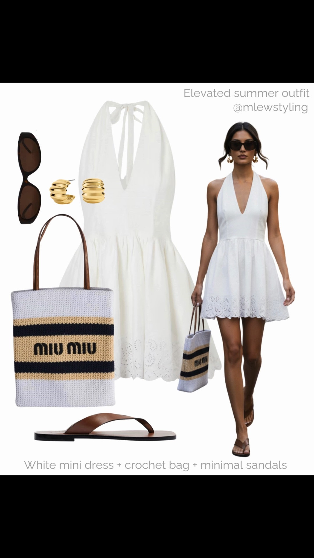 Elevated summer outfit with a white mini dress 🤍

Tags: summer vacation, halter dress, miu miu crochet bag, leather sandals, brown sunglssses, gold hoop earrings, outfit formulas, capsule wardrobe

#LTKsummer #LTKdresses #LTKbag