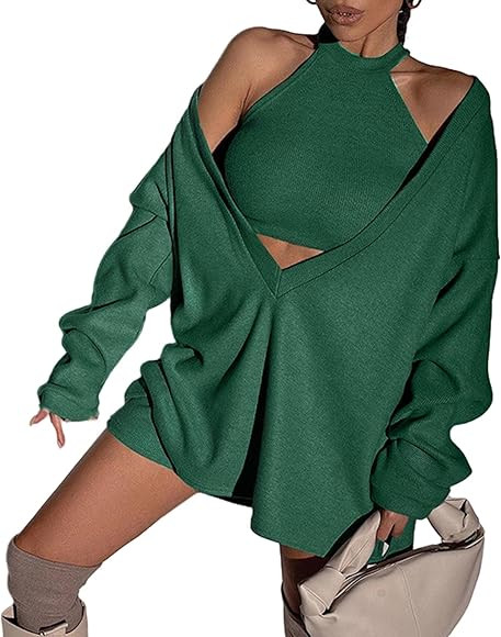 ECDAHICC Women's Two Piece Outfits Knitted Halter Neck Crop Tank Tops and Oversized Off Shoulder ... | Amazon (US)
