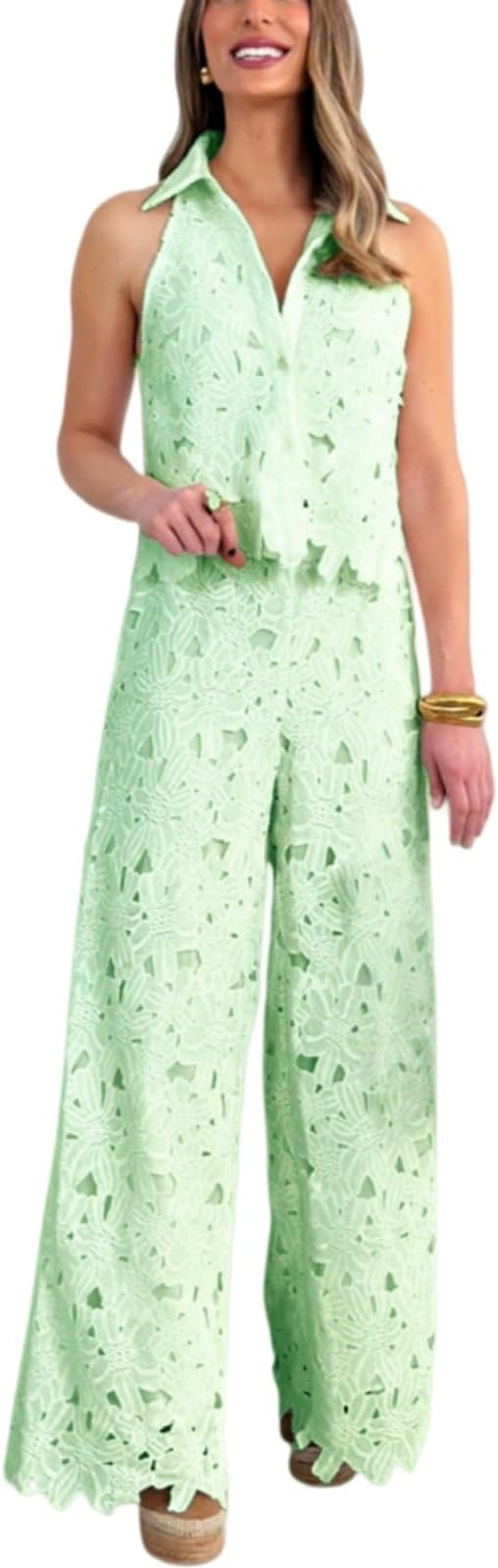 Women Two Piece Outfits Lapel Hollow Out Lace Vest Pants Set Floral Sleeveless Cropped Vest And W... | Amazon (US)