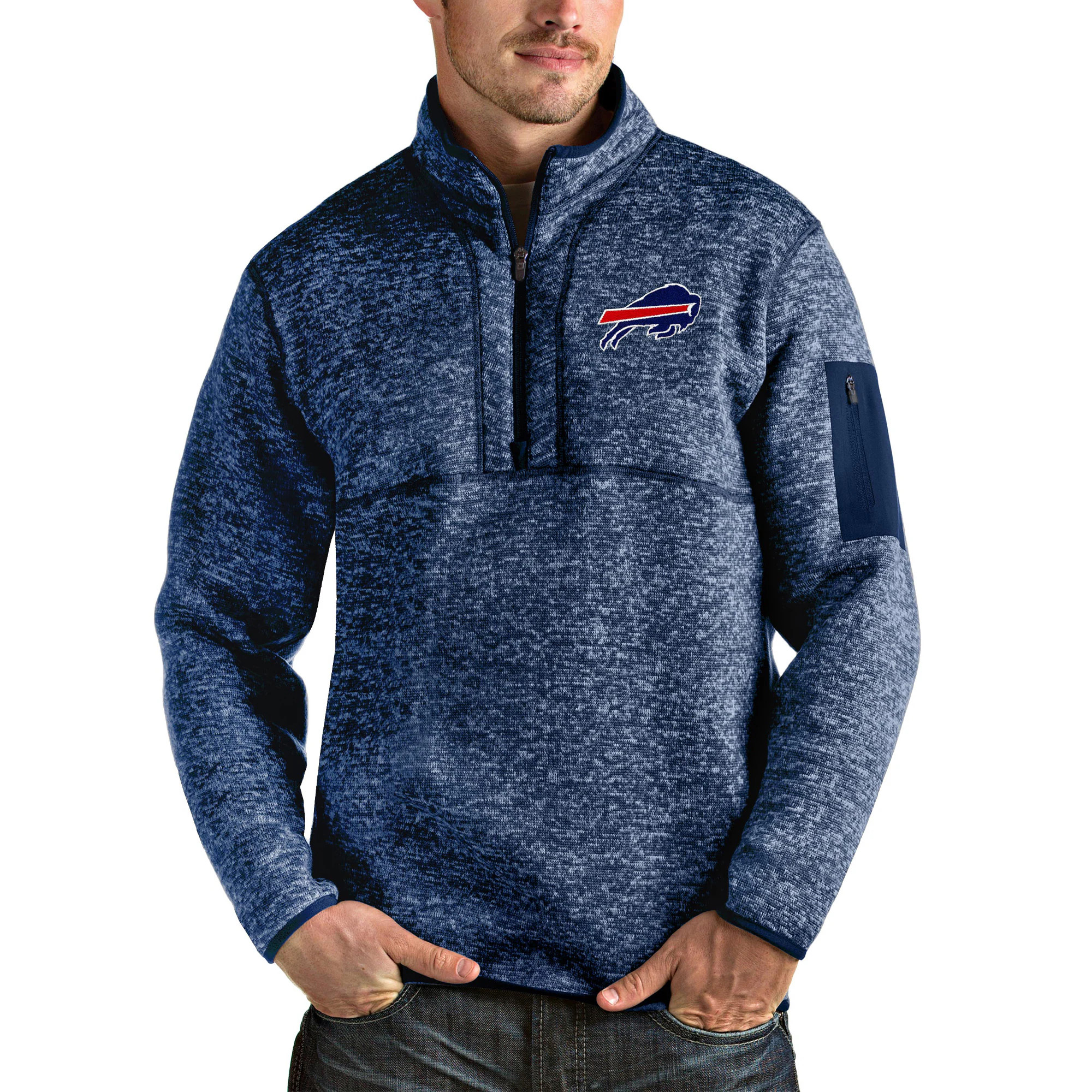 Men's Buffalo Bills Antigua Heathered Navy Fortune Quarter-Zip Pullover Jacket | NFL Shop