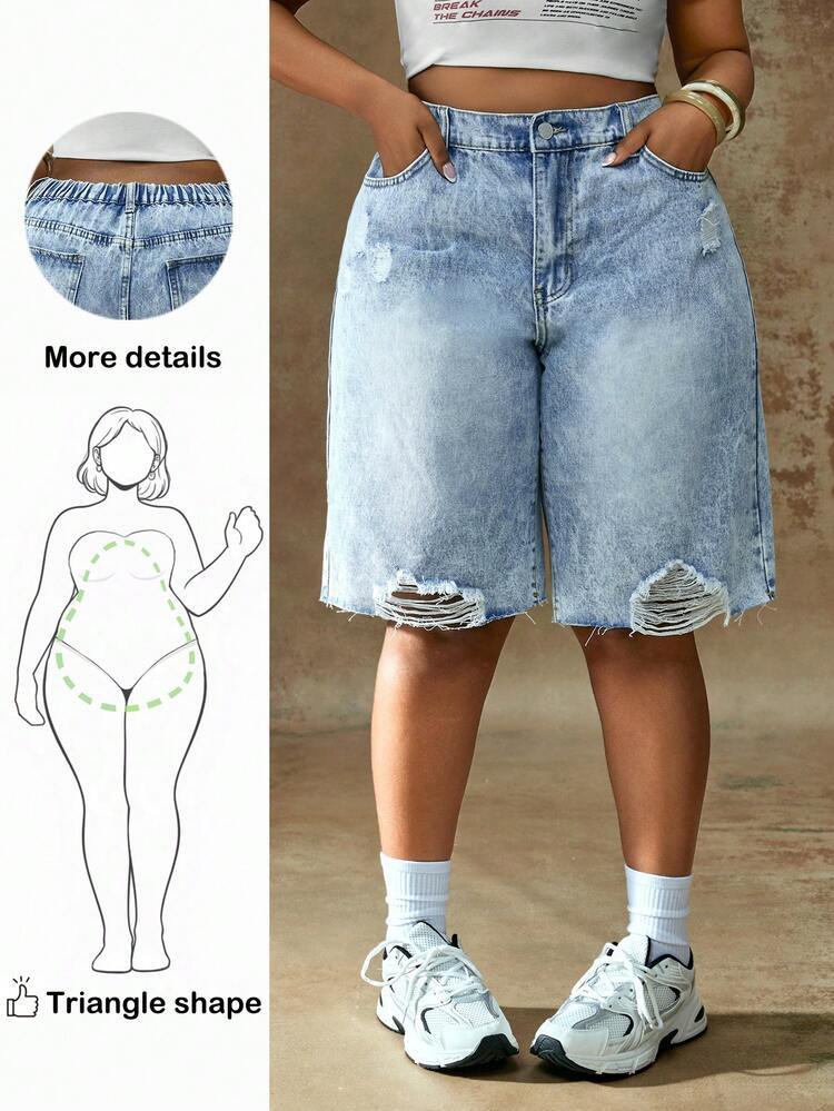 Truni Plus Size Casual Fitted Blue Denim Bermuda Shorts, Summer Beach Vacation, Suitable For Daily Dating, Night Out, Nightclubs, Parties, Get-Togethers, Pool Parties, Back-To-School Season, Holiday, Country Music Festival, Concert Denim Shorts, For Pear & Triangle Body Shape | SHEIN