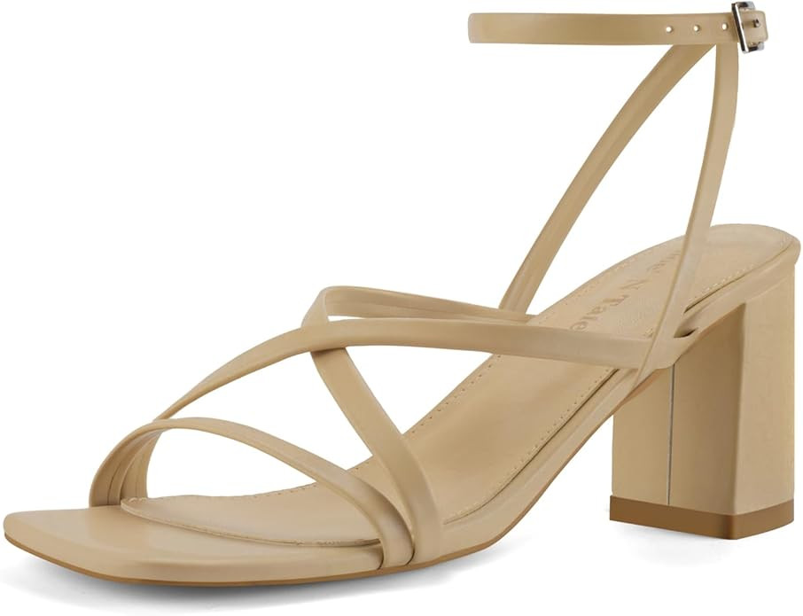 Shoe'N Tale Strappy Heels for Women Block Chunky Heels Open Square Toe Ankle Strap Buckle Sandals | Amazon (US)