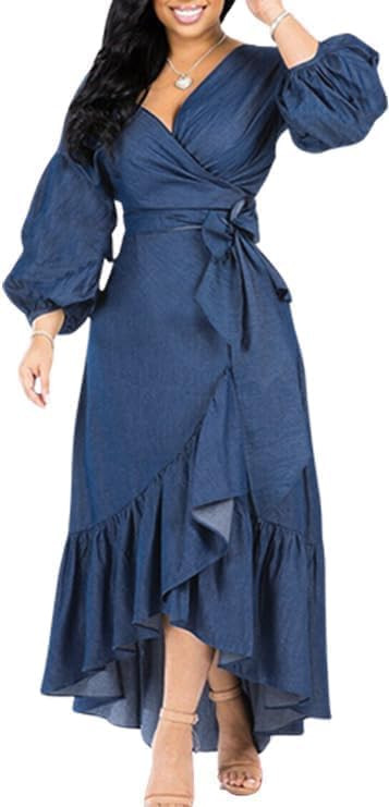 utcoco Womens Casual Belted Long Sleeve Denim Dress Wrapped V-Neck Ruffle Hem Maxi Denim Dresses ... | Amazon (US)