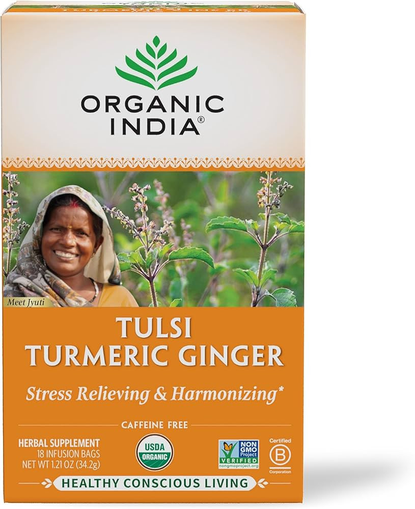 Organic India Tulsi Turmeric Ginger Herbal Tea, 18 Infusion Bags | Stress Relieving | Immune Supp... | Amazon (US)