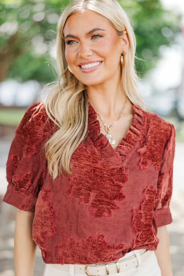 Full Hearts Rust Velvet Textured Blouse | The Mint Julep Boutique