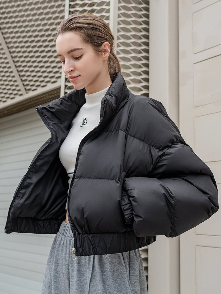DAZY Funnel Collar Zipper Front Crop Puffer Coat | SHEIN