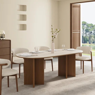 71'' Mid-century Modern Oval Dining Table For 4-6, Travertine And Wood Tabletop, Kitchen Table With Brown Wood Legs | Wayfair North America