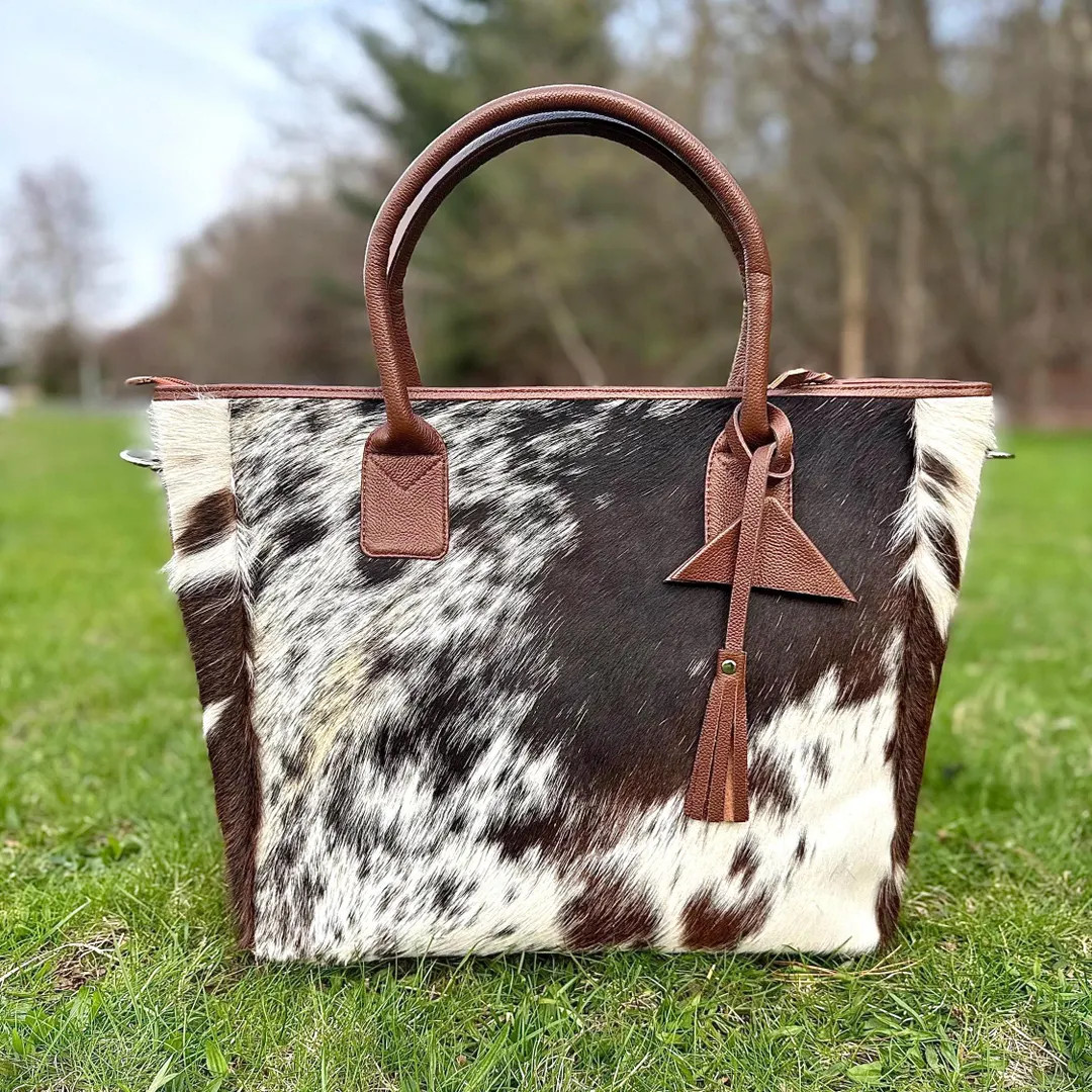 Cowhide Tote Bag (L) | Western Handbag Purse Real Hair-on Fur Leather | Tricolor Cow Print Large ... | Etsy (US)