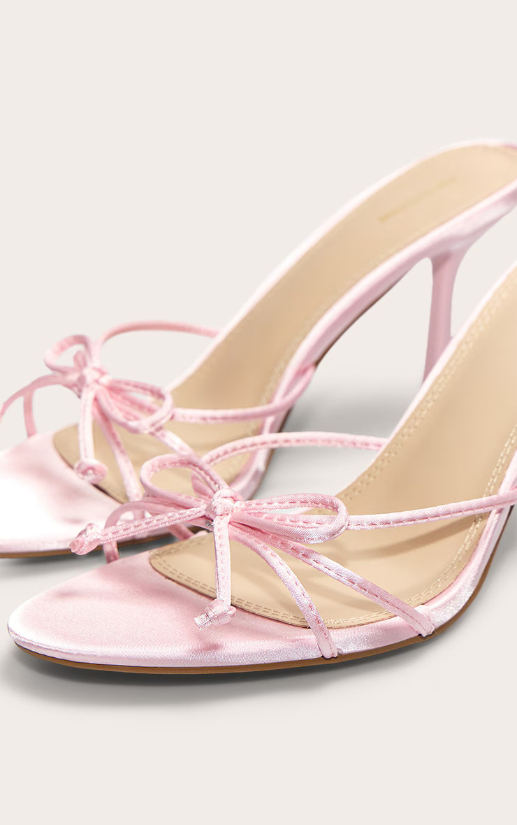 Baby Pink Satin Round Toe Bow Detail Mid Stiletto Heeled Mules | PrettyLittleThing UK