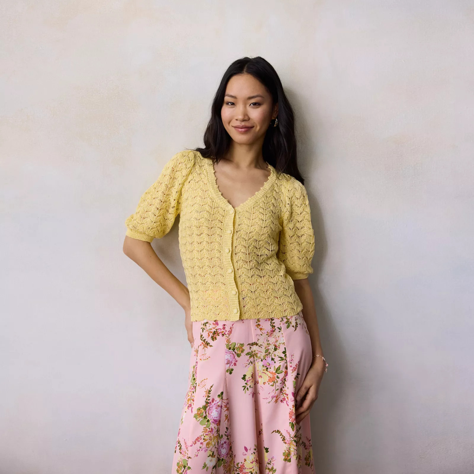 Women's LC Lauren Conrad Pointelle V-Neck Short Sleeve Sweater | Kohl's