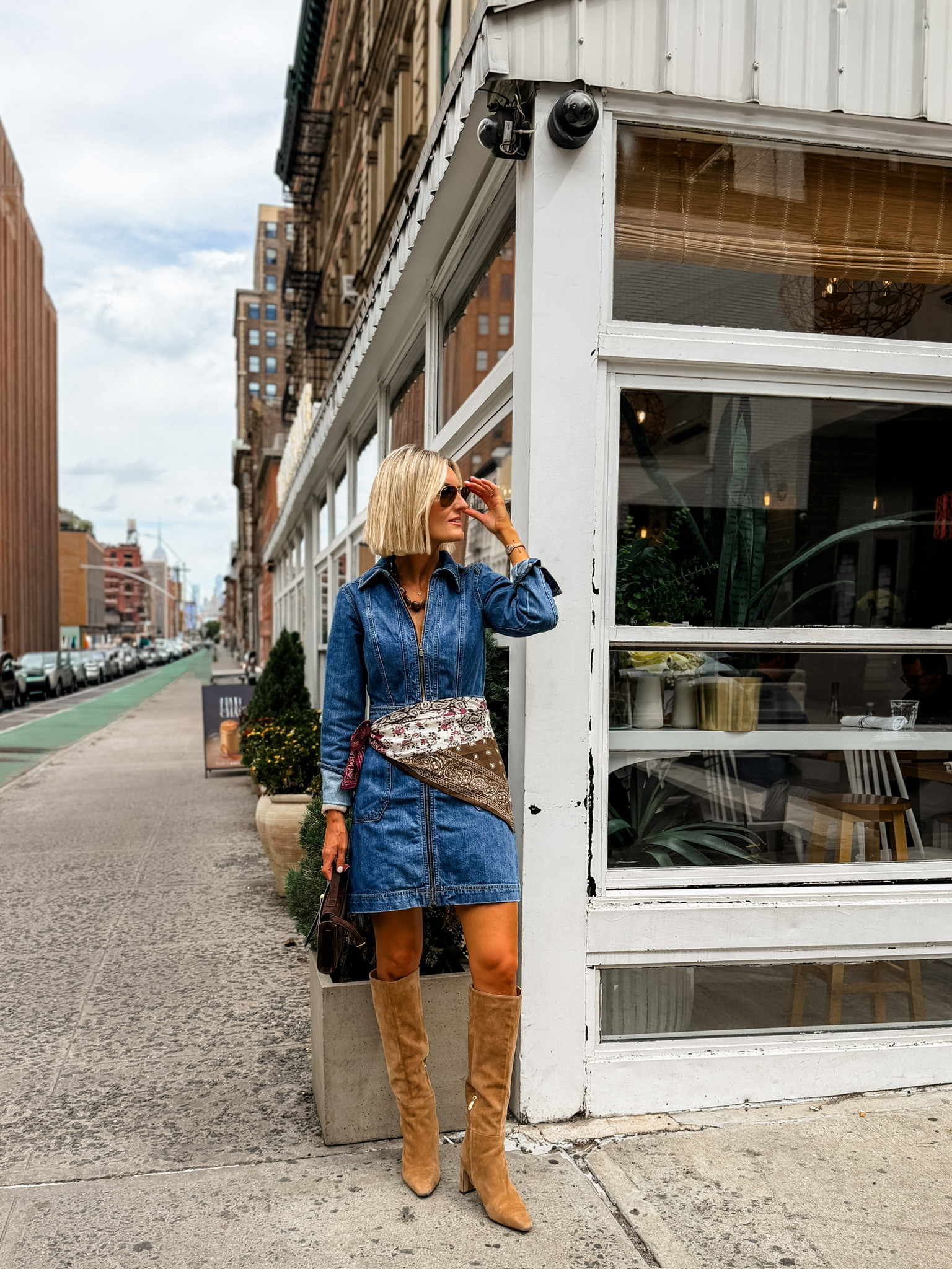A denim dress is such a good staple, especially going into fall! I love that this has sleeves, and that it has the zipper in the front! Wearing XS!

Loverly Grey, Loft, denim dress, fall outfit, new york outfit, tall boots, suede boots, scarf styling, fall staples 

 #LTKSeasonal