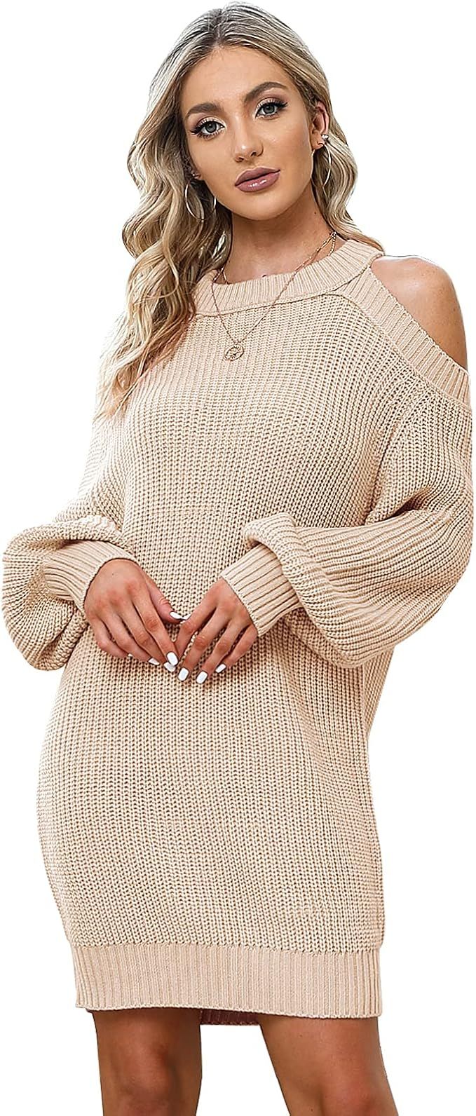 Byinns Women's Off Shoulder Halterneck Pullover Sweaters Sexy Cold Shoulder Dresses Loose Long Sl... | Amazon (US)
