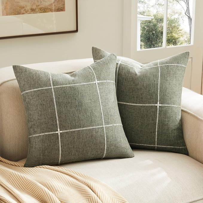 2 Packs Grid Embroidery Throw Pillow Covers, 22x22 Inch Olive, Farmhouse Linen Decorative Olive C... | Amazon (US)