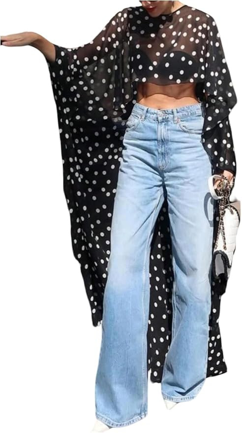 Milumia Women's Polka Dots Sheer Poncho Cape High Low Asymmetrical Hem Long Flowy Tops | Amazon (US)