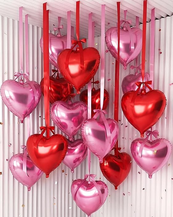 Jenaai 30 Sets Valentine Heart Foil Balloons Bulk, 30 18" Heart Balloons, 30 Satin Bows for Ballo... | Amazon (US)