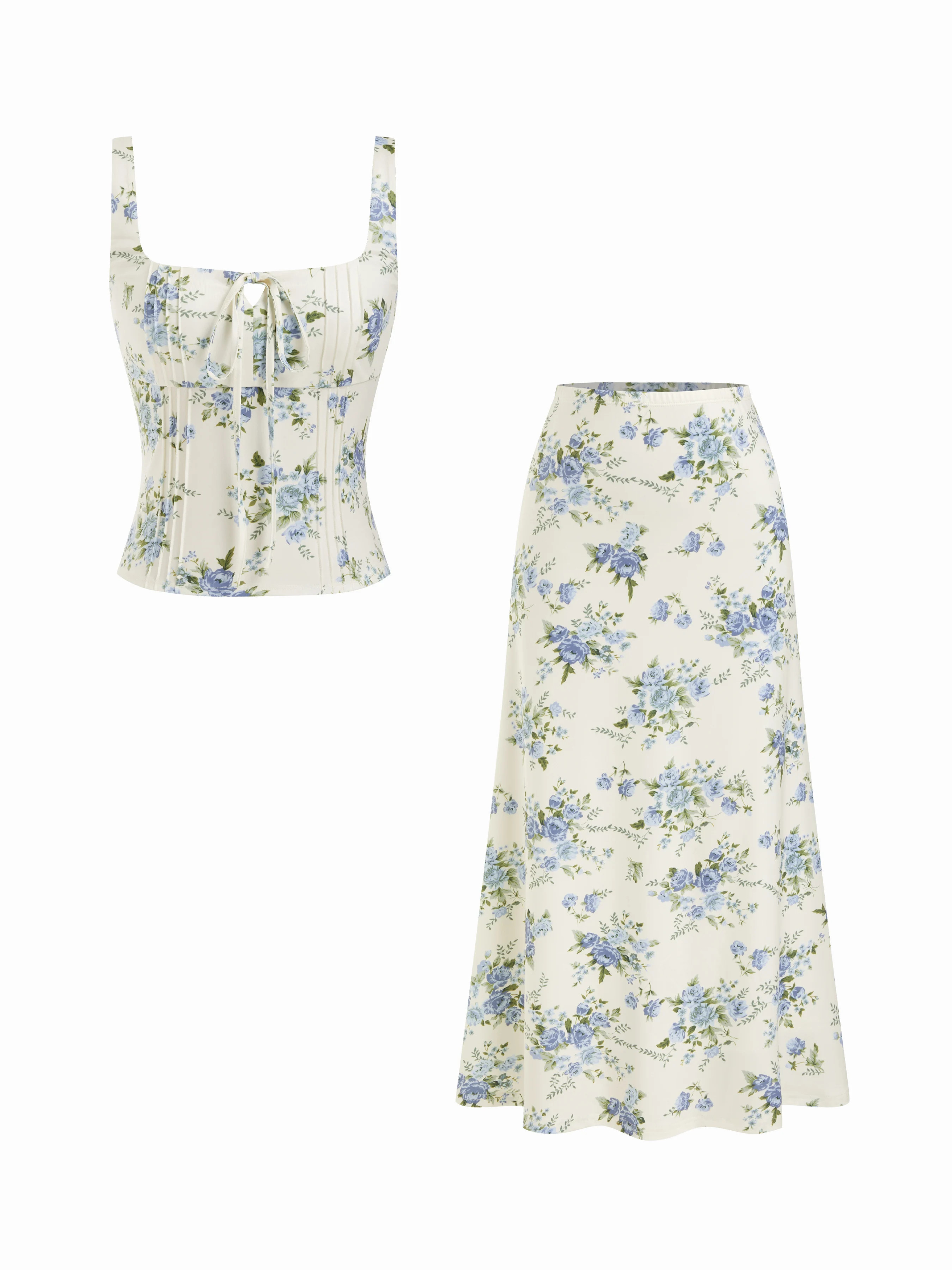 Jersey Floral Square Neck Drawstring Tank Top & Mid Rise Maxi Skirt Set For Daily Casual Vacation | Cider