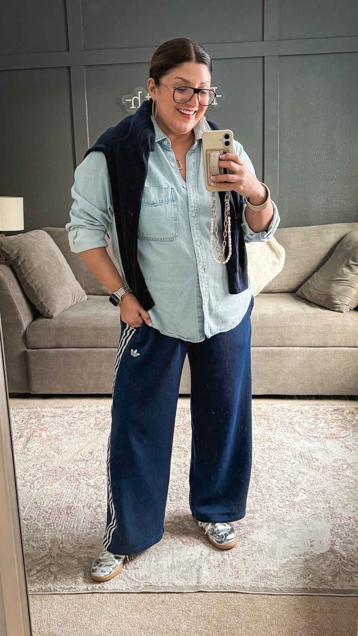 Quince sweater (XL)
Denim shirt (XL)
Adidas track pants (XL)
Adidas sneakers 

#LTKootd #LTKOver40 #LTKMidsize