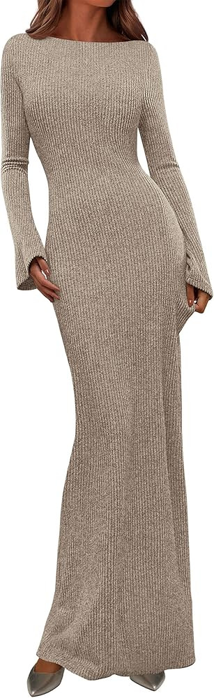 PRETTYGARDEN Women's Fall Fashion 2025 Long Sleeve Maxi Dress Ribbed Knit Boat Neck Bodycon Casua... | Amazon (US)